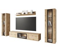 MINIO go for it - Ensemble de 4 éléments muraux FARO, Suspendus ou à Poser, 2 Meubles Hauts, Buffet Bas avec Porte vitrée, étagère Murale, aggloméré stratifié, Finition chêne Wotan - éclairage LED