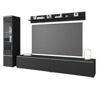 MINIO go for it - Ensemble de Meuble 3 pièces Veve 1 - avec LED | Vitrine haute, meuble bas, étagère murale, panneau de particules stratifié, noir graphite mat