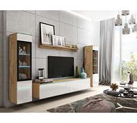 MINIO go for it - Ensemble de Meuble TV 4 pièces Veve 2 - avec LED | 2x armoire vitrine, meuble bas, étagère murale, panneau de particules laminé, chêne Wotan et blanc brillant