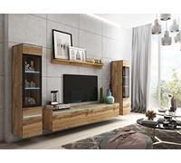 MINIO go for it - Ensemble de Meuble TV 4 pièces Veve 2 - avec LED | 2x armoire vitrine, meuble bas, étagère murale, panneau de particules laminé, chêne Wotan