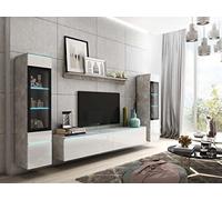 MINIO go for it - Ensemble de Meuble TV 4 pièces Veve 2 - avec LED | 2x armoire vitrine, meuble bas, étagère murale, panneau de particules laminé, béton et blanc brillant