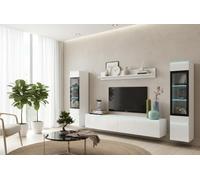MINIO go for it - Ensemble de Meuble TV 4 pièces Veve 2 - sans LED | 2x armoire vitrine, meuble bas, étagère murale, panneau de particules laminé, blanc et blanc brillant