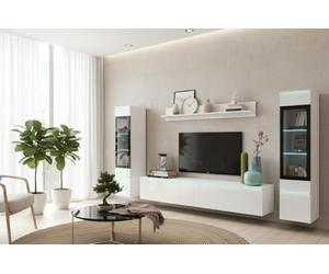 MINIO go for it - Ensemble de Meuble TV 4 pièces Veve 2 - sans LED | 2x armoire vitrine, meuble bas, étagère murale, panneau de particules laminé, blanc et blanc brillant