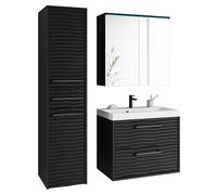 MINIO go for it - Ensemble de Meubles de Salle de Bain 3 pièces Yuko 1, LED | Meuble sous lavabo avec évier, armoire miroir, grand placard suspendu, panneau stratifié, couleur : noir / noir