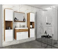MINIO go for it - Ensemble de Meubles de Salle de Bain Monal 4 pièces | Armoire avec lavabo, panneau de particules, poignées et ferrures en métal, chêne Wotan et blanc brillant