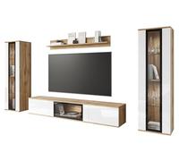 MINIO go for it - Ensemble de Meubles de Salon 4 pièces FARO sans LED | Armoire haute, vitrine, meuble bas avec porte en verre, étagère murale, panneau stratifié, chêne Wotan / blanc brillant