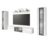 MINIO go for it - Ensemble de Meubles de Salon FARO 4 pièces avec LED | Armoire haute, vitrine, meuble bas avec porte en verre, étagère murale, panneau stratifié, blanc mat / blanc brillant