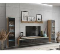 MINIO go for it - Ensemble D'éléments Muraux 4 Pièces Veve 2 I Suspendu Ou Debout I 2X Armoire Haute Vitrine I Lowboard I Panneau Mural I sans Éclairage I Chêne Wotan/Noir Brillant