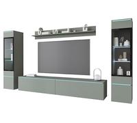 MINIO go for it - Meuble Mural de Salon Veve 2, à Poser ou à Fixer au Mur, Ensemble de 4 pièces Comprenant vitrine, étagère Basse et étagère Murale avec éclairage LED. Coloris : Vert Matcha.