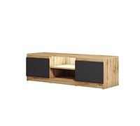 MINIO go for it - Meuble TV Dingo 120cm Lowboard pour téléviseur | Meuble TV bas debout avec 2 portes battantes et 2 compartiments ouverts, meubles TV Wotan chêne et noir graphite - avec LED