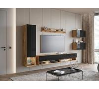 MINIO go for it - Mur de Salon Suspendu 4 pièces Amy, avec éclairage LED | Armoire murale, panneau de particules stratifié, couleur : chêne Wotan / noir brillant