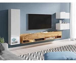 MINIO go for it - Mur de Salon Suspendu 4 pièces Amy, avec éclairage LED | Armoire murale, panneau stratifié, couleur : chêne Wotan / blanc brillant