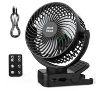 Minthouz Ventilateur portable USB rechargeable 12000 mAh avec clip et télécommande, 45H d'autonomie, silencieux, 3 vitesses, lumière LED, rotation à 360°, minuteur, pour bureau, camping et poussette