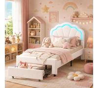MIOOSUT Lit Simple 90 x 200, Cadre de lit pour Fille avec tiroir de Rangement, Lit Enfant avec éclairage LED, Tête de lit Coquille, Tête de Lits réglable en Hauteur, Velours Blanc (Blanc, 90 * 200)