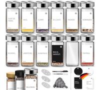 Miorkly Pot a Epices en Verre, Bouchon INOX Epices Bocaux Epices 120ML, 12 Epices Pots Rangement, avec Etiquette Epices, Entonnoir, Stylo, Embout Multi-Type Sortie, Rangement Parfait Cuisine D'epices