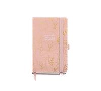 Miquelrius - Agenda annuel 2024, page journalière, format passeport 90 x 140 mm, couverture rigide, reliure cousue, fermeture élastique, catalan, anglais et portugais, rose avec fleurs dorées