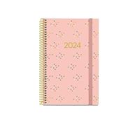 Miquelrius - Agenda annuel 2024, semaine vue, taille active 117 x 182 mm, couverture rigide, reliure spirale, fermeture en caoutchouc, espagnol, anglais et portugais, Minidots avec stamping or