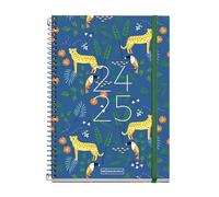 Miquelrius Agenda scolaire 2024-2025, septembre 24 à juin 25, 155 x 215 mm, un jour par page, couverture en carton doublé, spirale métallique noire, catalan et anglais, jungle