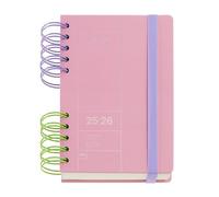Miquelrius - Agenda scolaire 25-26, Septembre 2025 à août 2026, 126 x 178 mm, Page jour, Double spirale bicolore, Couverture rigide, Fermeture en caoutchouc, Autocollants, Espagnol-Anglais-Portugais