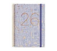Miquelrius Agenda semainier 2026 format A5+ (155 x 213 mm), couverture rigide en carton, spirale, fermeture élastique, papier 80 g/m², CAT-EN-PT, traits