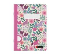 Miquelrius - Cahier agrafé A5 uni, 48 feuilles papier extra opaque 70 g/m², reliure agrafée, couverture cartonnée plastifiée, garde imprimée, espace pour le nom, Flower