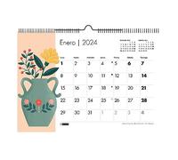 Miquelrius - Calendrier mural 2024, Format A3: 420 x 296 mm, Avec espace pour marquer, Reliure spirale double, Espagnol, Pivoine Rose Design, Vases