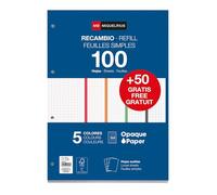 Miquelrius - Recharge de feuilles A4 quadrillées 5x5 mm, 150 feuilles 90 g/m² en 5 couleurs pastel, Perforation standard pour classeur à anneaux, Fournitures scolaires, Couleurs vives