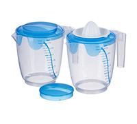 MiraHome Lot de 2 verres doseurs bleus de 1,5 à 1 l avec couvercle CCM avec trou mélangeur, 1 presse-agrumes de qualité austrian