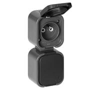 MIRATIC Prise Double Verticale Etanche IP54 Type E Double Prise Electrique Saillie avec Clapet Prise de Courant Murale Robuste pour Garage, Atelier et Exterieur (gris/noir)