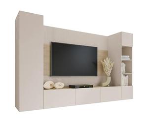 Mirjan24 Deromi IV Mur de salon avec panneaux muraux et meuble bas TV, panneaux acoustiques, meuble TV, mur d'armoire, mur multimédia, étagère suspendue, armoire suspendue (beige sable + chêne Cremona