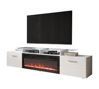 Mirjan24 Meuble TV avec Cheminée Électrique Rozion, Flamme LED Réaliste, avec Cristaux Décoratifs, Cheminée Électrique avec Chauffage, Meuble TV Bas (Blanc/Blanc Brillant, avec Éclairage LED)