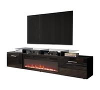 Mirjan24 Meuble TV avec cheminée électrique Rozion, flamme LED réaliste, avec cristaux décoratifs, cheminée électrique avec chauffage, meuble TV bas (Noir/Noir brillant, sans éclairage)