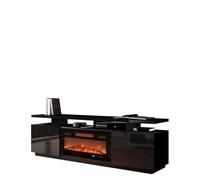 Mirjan24 Meuble TV Lostino avec Cheminée Électrique Flamme LED Réaliste Foyer en Cristal Cheminée Électrique avec Chauffage Meuble Bas TV (sans éclairage noir/noir haute brillance)