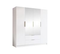 Mirjan24 Sozor II 200 Armoire avec miroir 4 portes, 2 tiroirs pour plus d'espace de rangement, poignées en aluminium, système de fermeture amorti (blanc + doré)