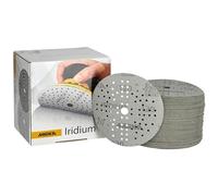 Mirka Iridium Papier abrasif Premium Ø 125mm autoagrippant 89 trous, grain 120, 100 pcs/Pour poncer la peinture, le mastic, l'apprêt, le bois, l'acier, les matériaux minéraux, le plastique