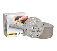 Mirka Iridium Papier abrasif Premium Ø 150mm autoagrippant 121 trous, grain 600, 100 pces/Pour poncer la peinture, le mastic, l'apprêt, le bois, l'acier, les matériaux minéraux, le plastique