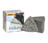 Mirka Iridium Triangle de ponçage Papier abrasif Premium 93x93x93mm 15 trous autoagrippant, grain 40, 50 pcs/Pour poncer la peinture, mastic, apprêt, bois, acier, minéraux, plastique