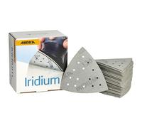 Mirka Iridium Triangle de ponçage Papier abrasif Premium 93x93x93mm 15 trous autoagrippant, grain 120, 50 pcs/Pour poncer la peinture, mastic, apprêt, bois, acier, minéraux, plastique