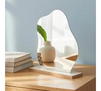 Miroir de Maquillage en Acrylique sans Cadre et Base en Bois, Miroirs Décoratifs de Table Miroir Irrégulier, Base Amovible Bois, pour Bain, Chambre Salon et la Décoration à la Maison (23,5 x 19,5 cm)