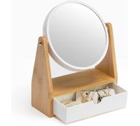 Miroir De Maquillage Grossissant Double Face 1x/3x, Modèle Rond Pivotant 360°, Support Bambou Avec Tiroir, Bureau/Salle De Bain