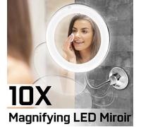 Miroir de maquillage - LED - Grossissant 10X - Col de cygne pivotant 360° - Ventouse super adhésive - Blanc