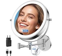 Miroir de maquillage mural de 22,9 cm avec lumières, 5 000 mAh rechargeable, 1 x / 30x, miroir mural double face pour salle de bain, éclairage 3 couleurs, gradation tactile, bras étendu rotatif à 360°