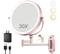 Miroir de maquillage mural lumineux de 22,9 cm, 4000 mAh rechargeable, double face, miroir grossissant 1x/30x avec lumière, intensité tactile, bras étendu, rotation à 360°, miroir de maquillage mural