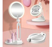 Miroir de maquillage rechargeable à double face éclairé, convient pour les voyages, miroir double face 10x/1x, miroir grand pliable avec lumière réglable 3 couleurs, angle de rotation à 360 degrés, pe