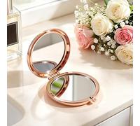 Miroir de poche compact, double face, grossissant 1 x 2x, rond en métal pour sac à main, verre cosmétique, petit accessoire de beauté de voyage - Doré rose