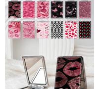 Miroir de poche pliable ultra-fin et léger en cuir PU, style Y2K Fresh Series, petit miroir portable pour tous et pour de multiples occasions, éléments de style dessin animé avec motifs lèvres, cœur, 