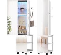 Miroir de rangement pour bijoux - Armoire rotative pour bijoux - Éclairage LED - Rotation à 360° - Fermeture ois, dimensions : 37 x 40 x 165,5 cm - Beige