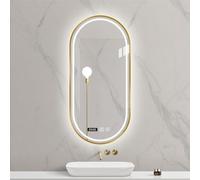 Miroir de salle de bain ovale éclairé par LED anti-buée avec capteur tactile intelligent avec fonction mémoire, cadre en métal, 3 options de couleur, étanche IP44, taille 40 x 80 cm, finition dorée