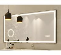 Miroir de salle de bain rectangulaire lumineux avec horloge digitale - Noir - 120 x 60 cm - AITANA