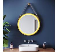 Miroir de salle de bain rond à LED à intensité variable avec sangle en cuir anti-buée 3 températures de couleur fonction mémoire pour une décoration élégante